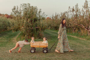 apple picking family photos with twins